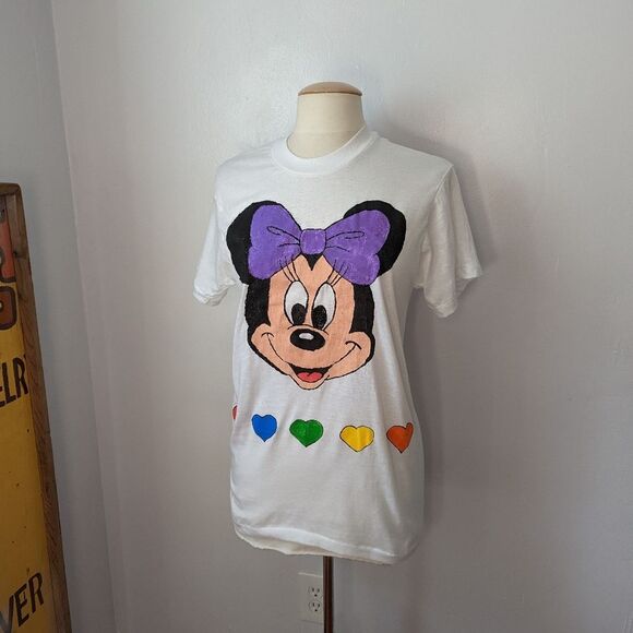 Vintage single-stitch handpainted Minnie Mouse with Hearts T-shirt Size M - Picture 3 of 9